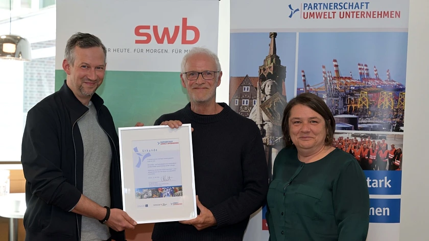 Übergabe der Aufnahmeurkunde in die Umweltpartnerschaft mit Dominic Bergner und Dr. Thomas Gebel von der wisoak sowie Umweltsenatorin Dr. Henrike Müller