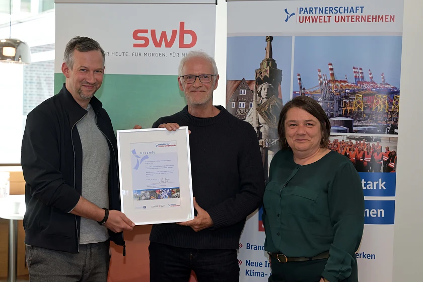 Übergabe der Aufnahmeurkunde in die Umweltpartnerschaft mit Dominic Bergner und Dr. Thomas Gebel von der wisoak sowie Umweltsenatorin Dr. Henrike Müller